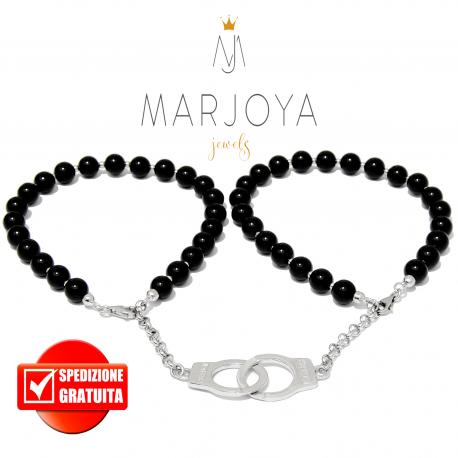 Bracciali Coppia manetta con onice e argento 925 rodiato,fidanzamento,amicizia