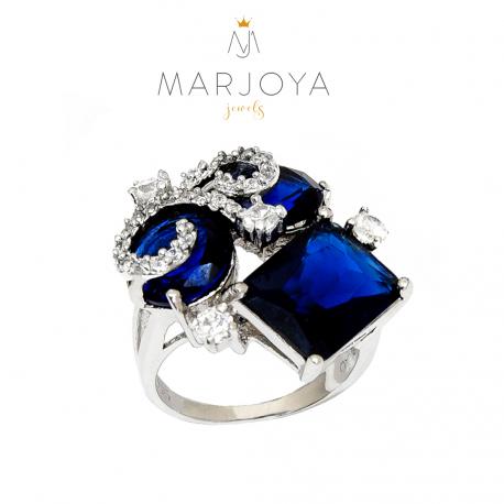 Anello trilogy in argento 925 rodiato con zirconi bianchi e blu