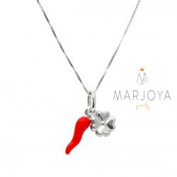 Collana con cornetto smaltato rosso e quadrifoglio in argento 925