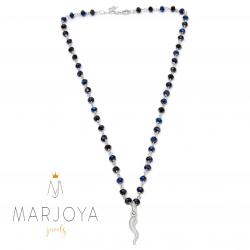 Collana stile rosario con swarovski neri con riflessi blu,cornetto e argento 925