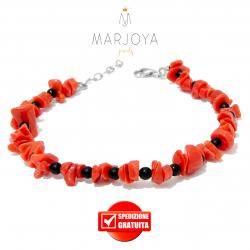 Bracciale in corallo a scaglie ed onice in argento 925,regolabile