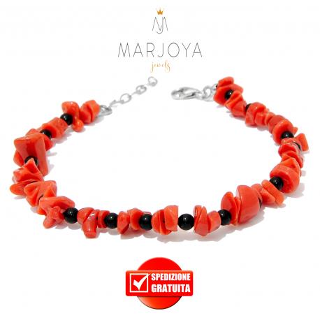 Bracciale in corallo a scaglie ed onice in argento 925,regolabile
