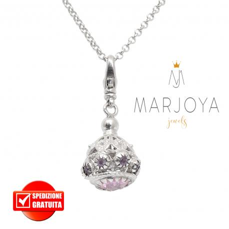 Collana lunga con charms e quarzo rosa e viola in argento 925,72 cm