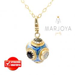 Collana lunga con charms smaltato e quarzi multicolor in argento dorato,70 cm