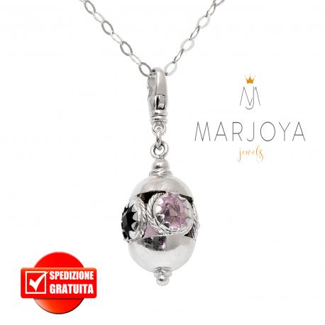 Collana lunga con charms e quarzo nero e rosa in argento 925,90 cm