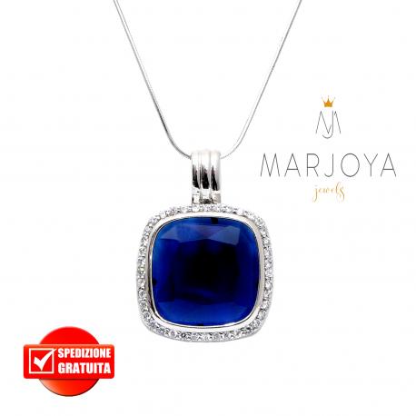 Collana con pendente quadrato e zirconi bianchi e blu in argento 925