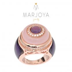 Anello chevalier con quarzo viola rosa e zirconi in argento 925 rosè