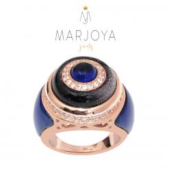 Anello chevalier con quarzo blu lunare e zirconi in argento 925 rosè