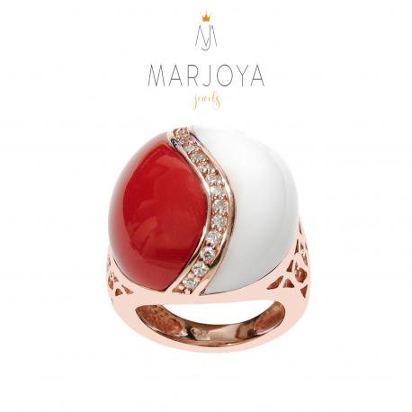 Anello con agata bianca, corallo e zirconi in argento 925 rosè