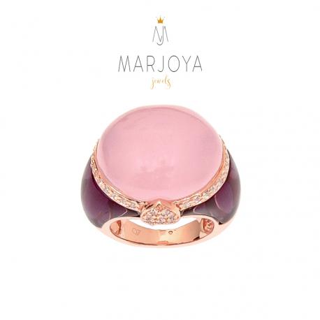 Anello ovale con quarzo rosa, viola e zirconi in argento 925 rosè