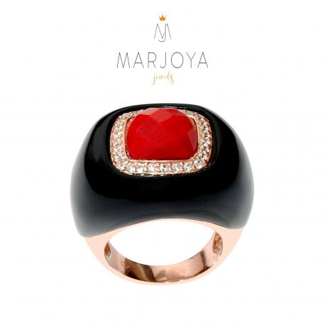 Anello quadrato con onice nero, corallo e zirconi in argento rosè, sigillo