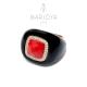 Anello quadrato con onice nero, corallo e zirconi in argento rosè, sigillo