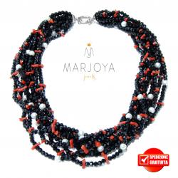 Collana torcione con swarovski neri,corallo e perle in argento 925