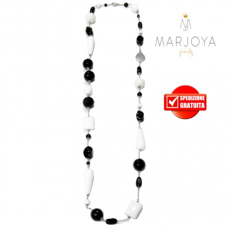 Collana stile chanel lunga con onice e agata bianca in argento 925