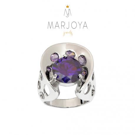 Anello chevalier in argento 925 con zirconi viola